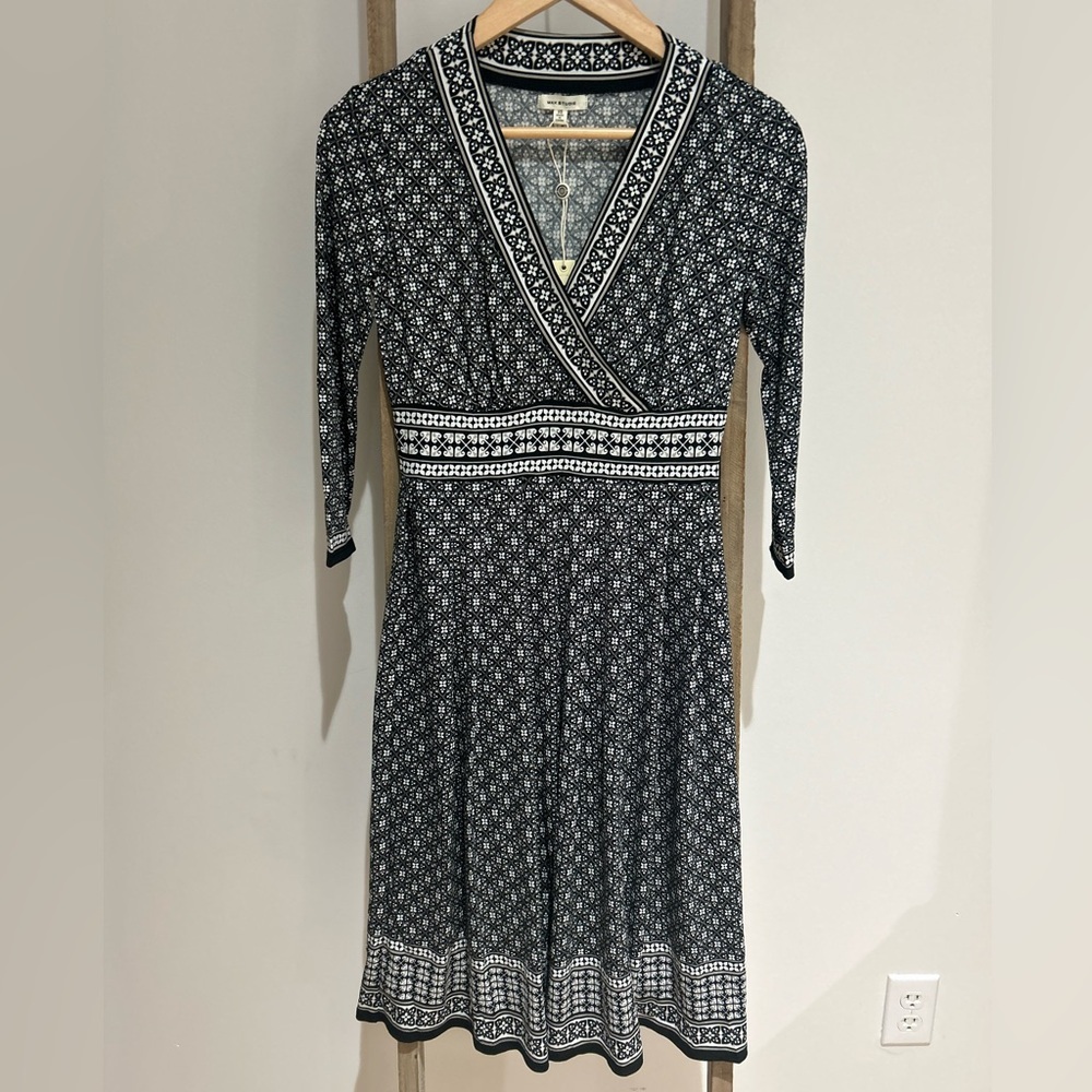 Mac Studio Floral Geometric Border Print V-Neck Fit & Flare Dress Women’s XS NWT